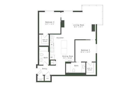 Floor plan for 2 beds, 2 baths, 1188 sqft